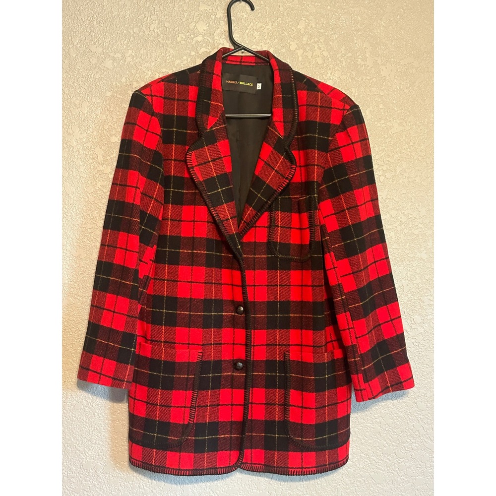 Harris Wallace Red Black Buffalo Plaid Wool Blend Blazer Jacket USA Made Size 12